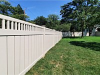 <b>6 foot high 6 inch semi privacy tan vinyl fencing with closed tan vinyl square spindles</b>